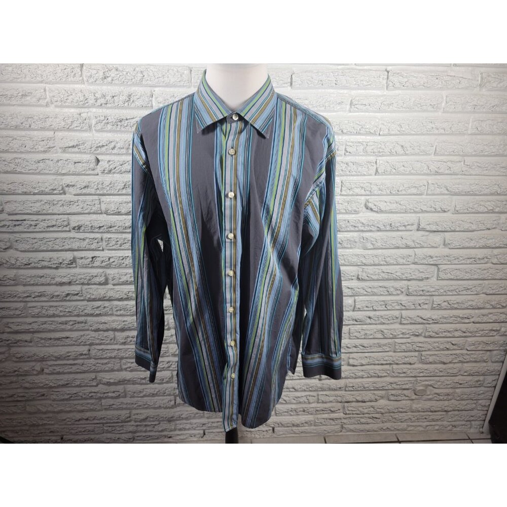 Gap Mens Shirt XXL 18 18.5 Long Sleeve Blue Stripe Collar Cotton Fitted STR2XE